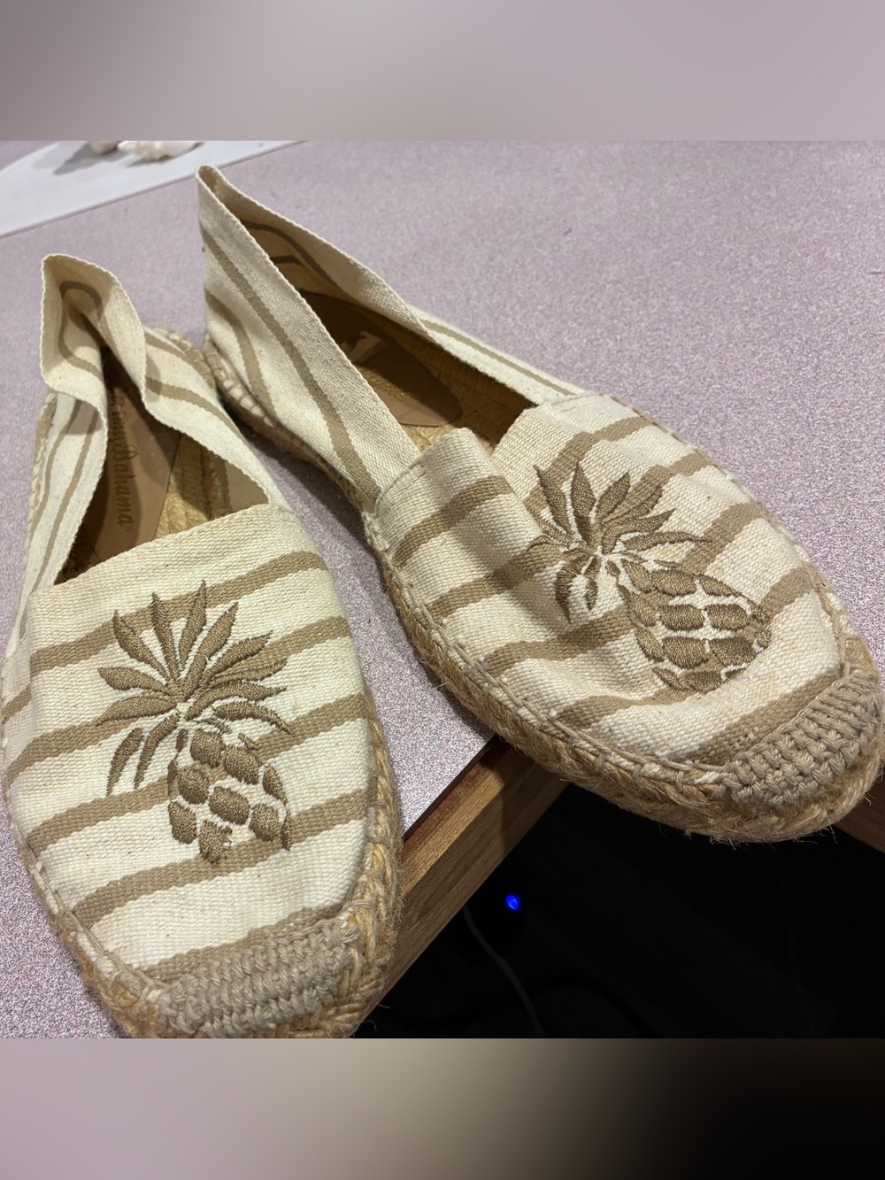 Tommy Bahama Cream and Tan Pineapple Stripe Espadrilles